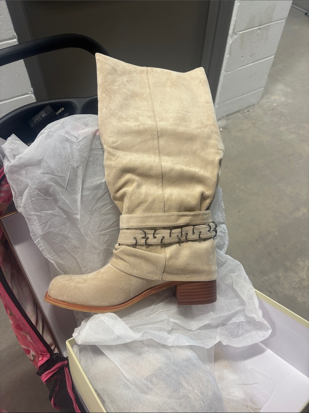 Women's Taupe Suede Mid-Calf Heeled Boots with Decorative Strap